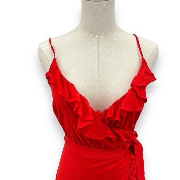 & Other Stories Red Romantic Flirty Ruffle Wrap Midi Dress Women's 2 Cocktail - Picture 2 of 11